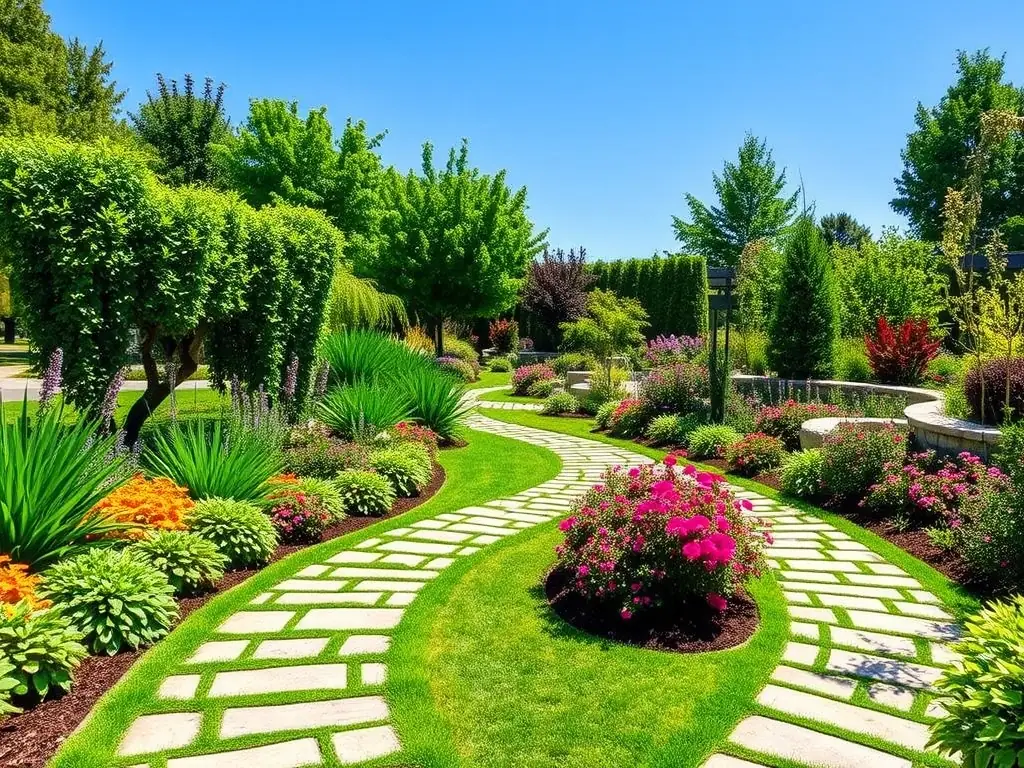 An image of a lush landscaped garden with interlock pathways and decorative plants, illustrating the beauty and sustainability of our landscaping services.