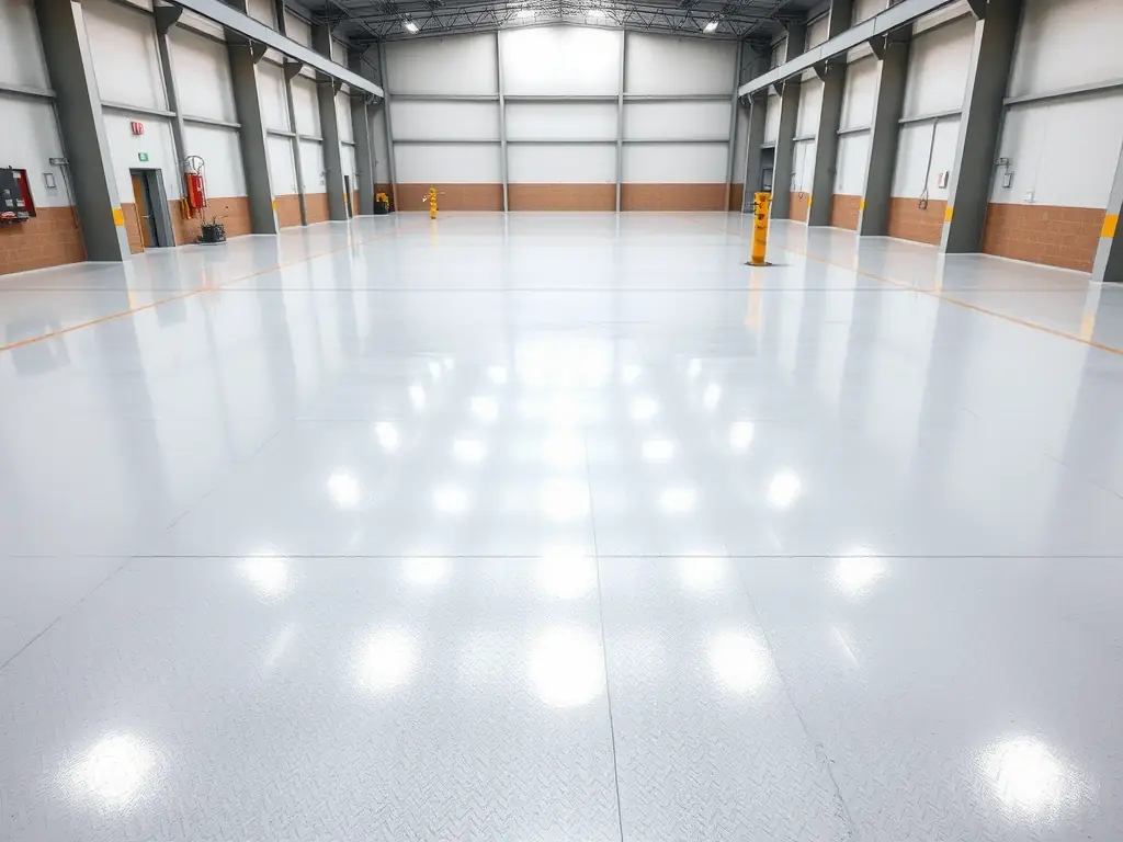 A high-angle shot of a newly applied, glossy epoxy floor coating in an industrial setting, showcasing its seamless finish and durability.