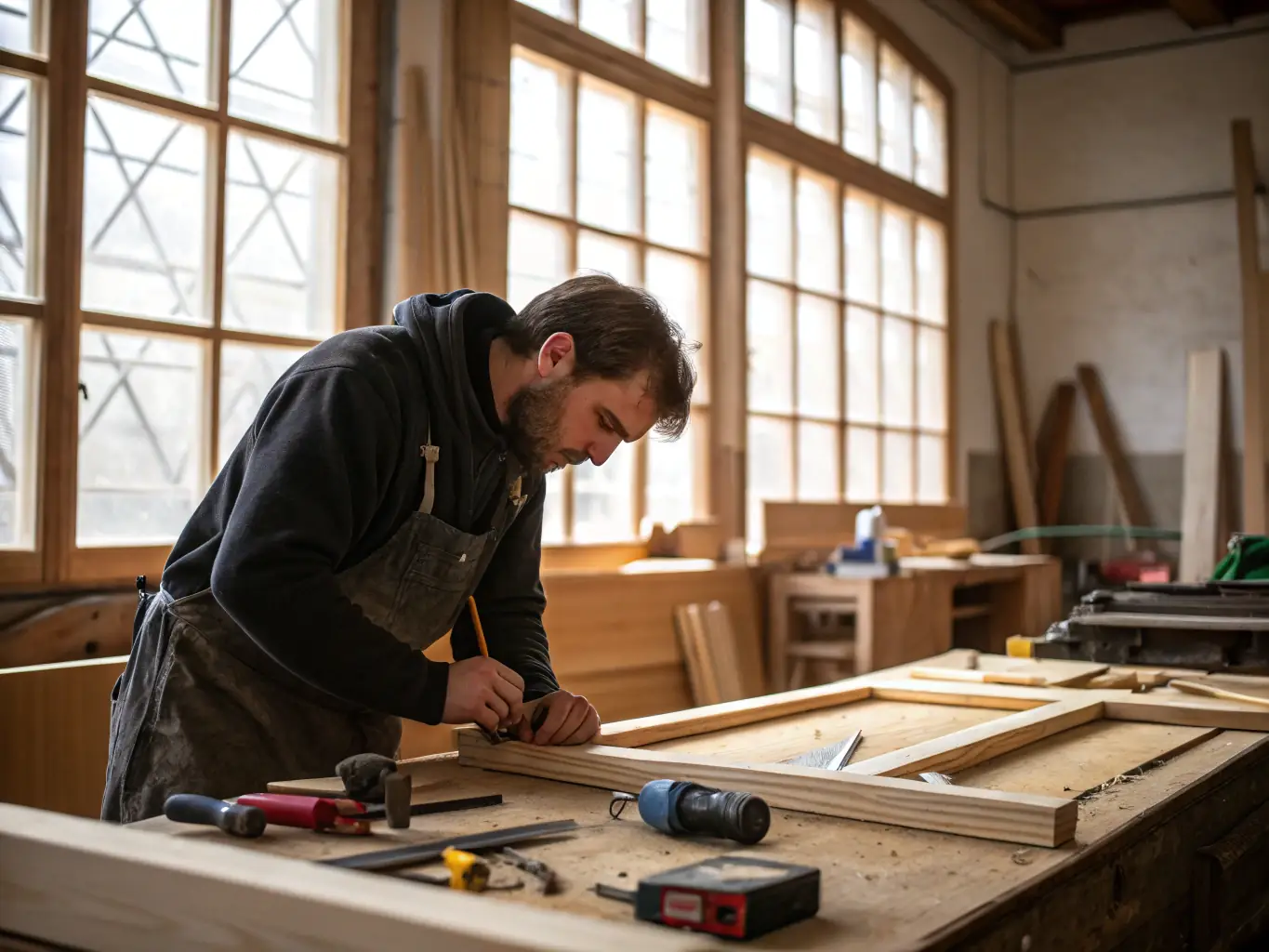 A close-up shot of a carpenter meticulously installing custom-designed wooden panels on a wall, highlighting the precision and craftsmanship involved.