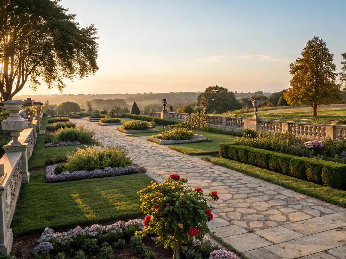 A wide shot of a beautifully landscaped garden with interlock pathways, lush greenery, and decorative lighting, creating an inviting outdoor space.