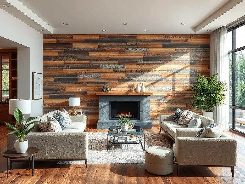 A photo showcasing a modern living room with custom wood carpentry and elegant wall tiling, highlighting the craftsmanship and design.