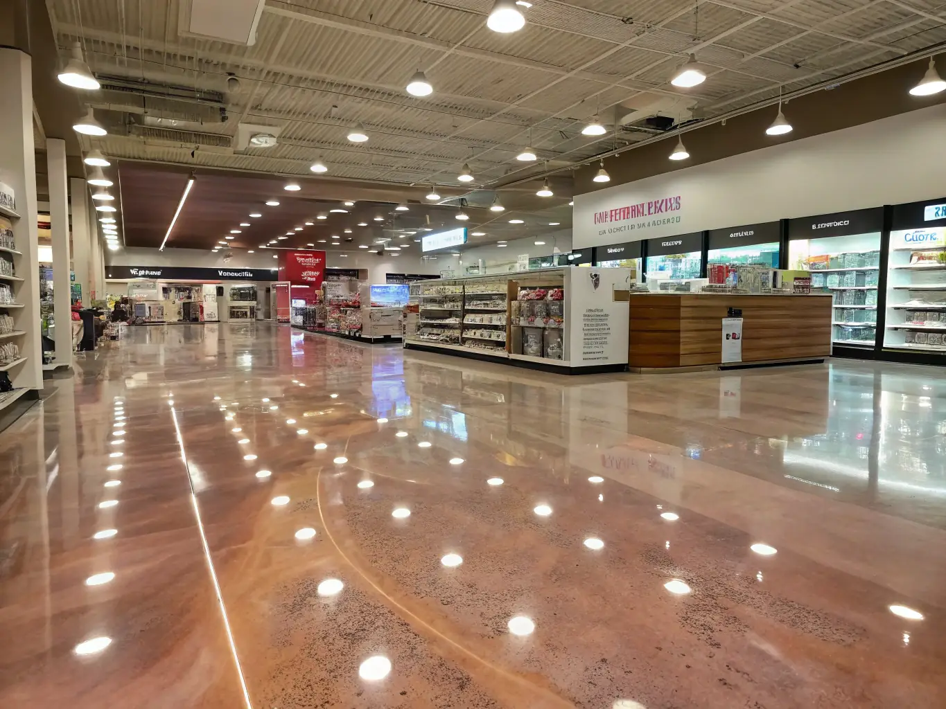 A high-resolution image of a shiny, seamless epoxy floor in a commercial warehouse, showcasing the durability and aesthetic appeal of epoxy flooring.