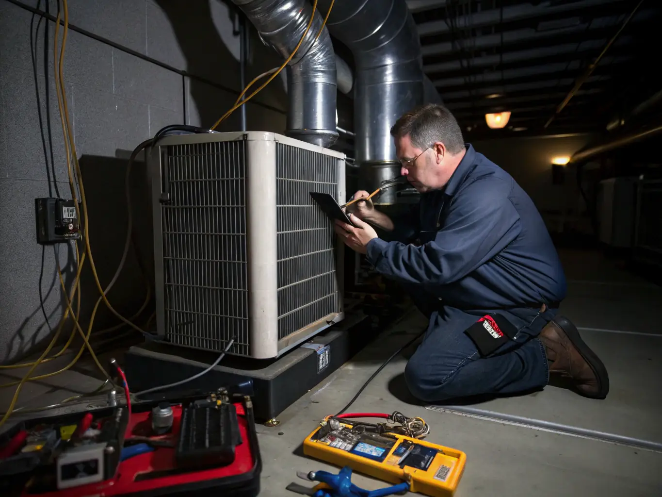 A maintenance technician repairing a commercial HVAC system, illustrating Bloom Touch Interiors' reliable maintenance services.