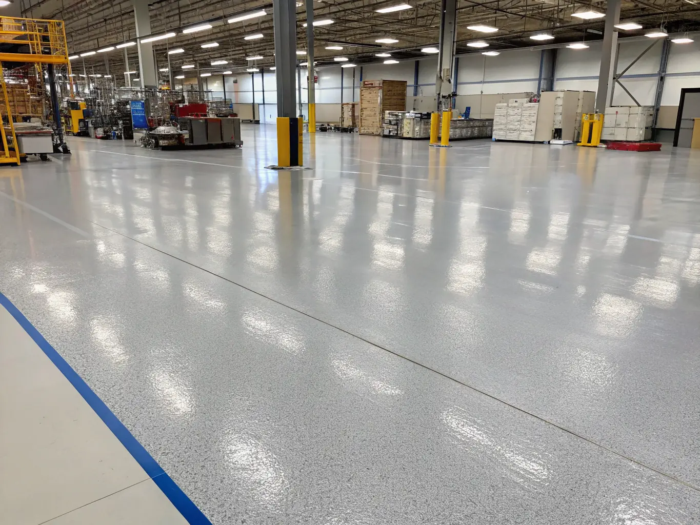 A warehouse floor with a glossy epoxy coating demonstrating durability and shine, highlighting Bloom Touch Interiors' floor coating services.