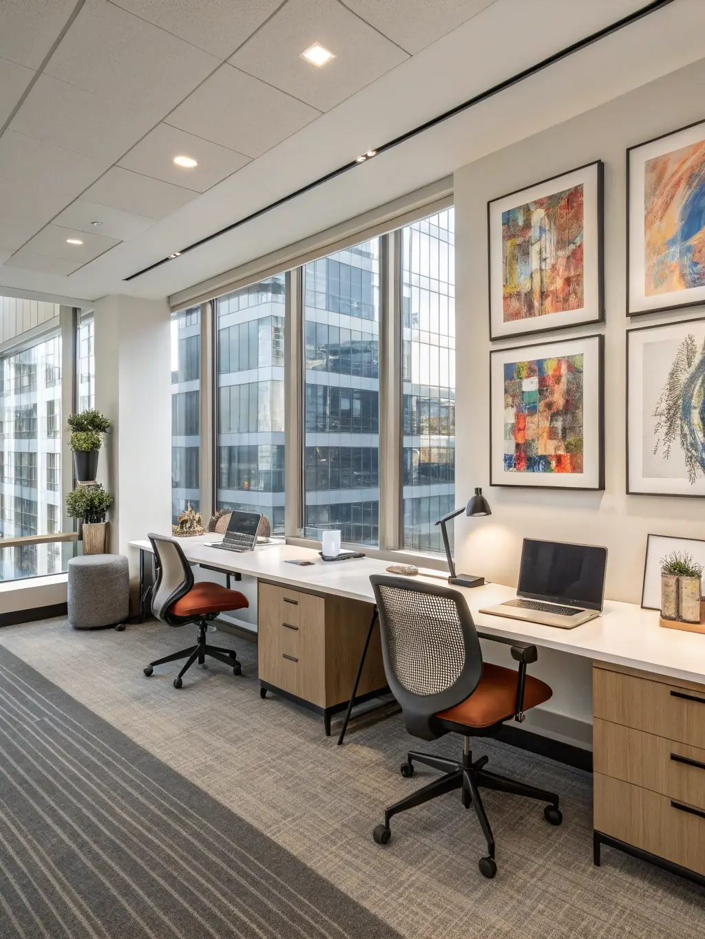 A modern office interior with sleek furniture, ambient lighting, and a clean, minimalist design, showcasing Bloom Touch Interiors L.L.C.'s expertise in creating professional workspaces.