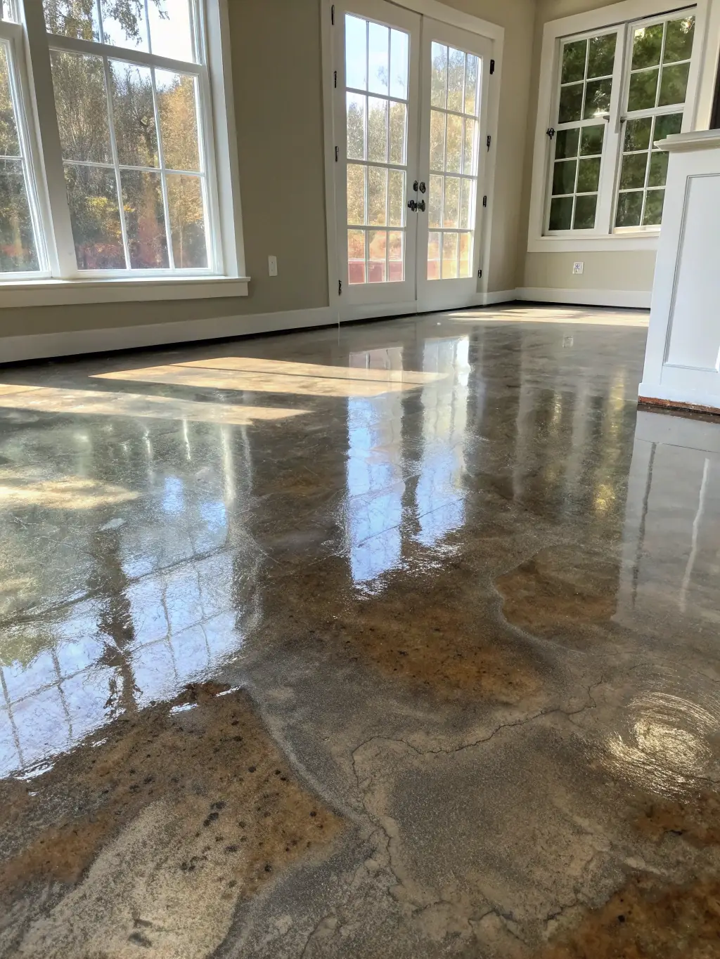 A close-up shot of a flawlessly applied epoxy floor coating in an industrial setting, demonstrating the durability and seamless finish provided by Bloom Touch Interiors L.L.C.