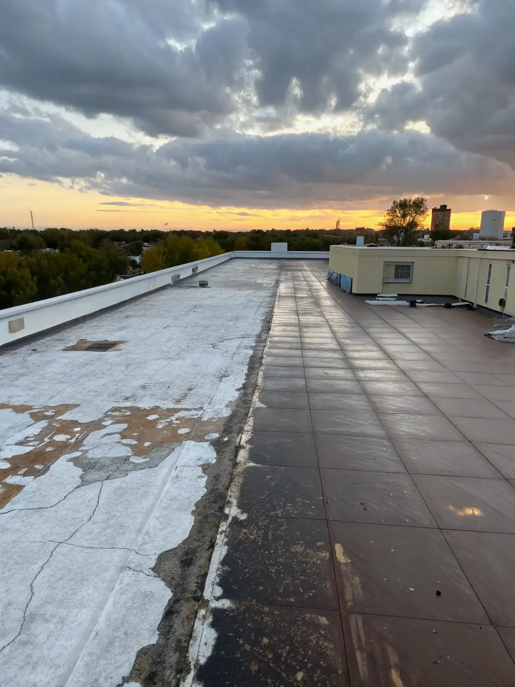 A before-and-after image showcasing a rusty, damaged steel roof and the same roof after being professionally waterproofed by Bloom Touch Interiors L.L.C., highlighting the transformation.