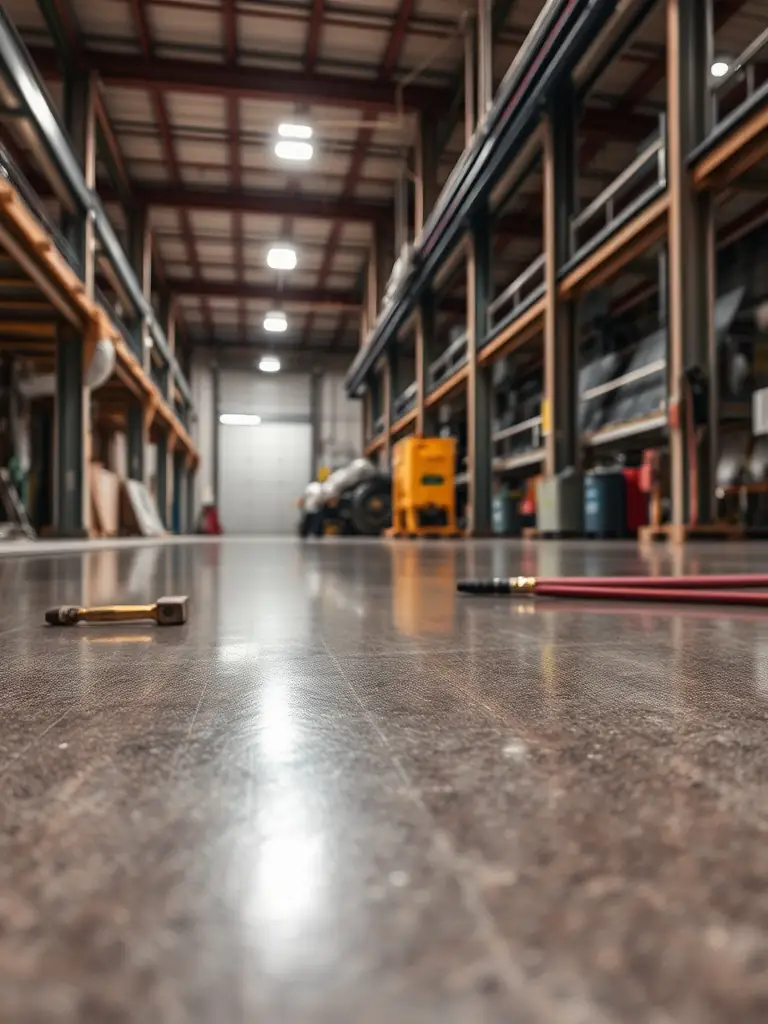 A close-up shot of a flawlessly applied epoxy floor coating in an industrial setting, highlighting its glossy finish, durability, and resistance to wear and tear.