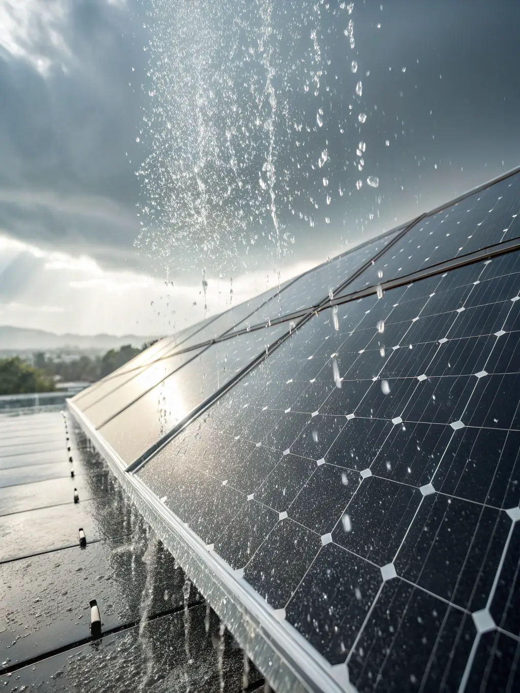 A time-lapse image showing a steel roof weathering various environmental conditions (rain, sun, snow) over an extended period, with the waterproofed section remaining intact and pristine.