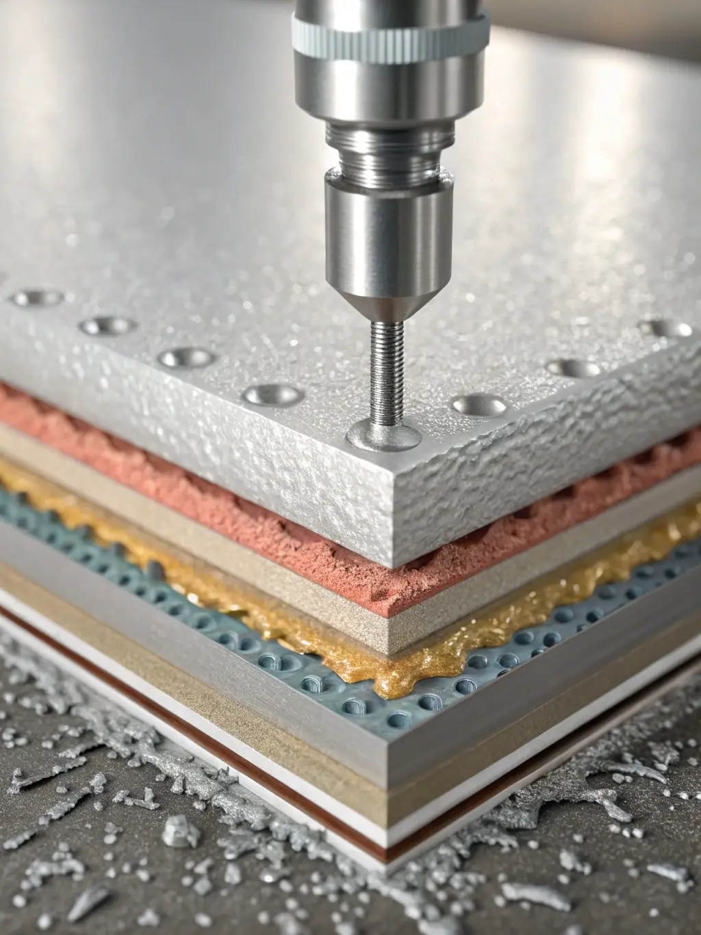 A microscopic view of a steel roof surface treated with waterproofing, highlighting the protective barrier against corrosion. The image should emphasize the technology behind the protection.