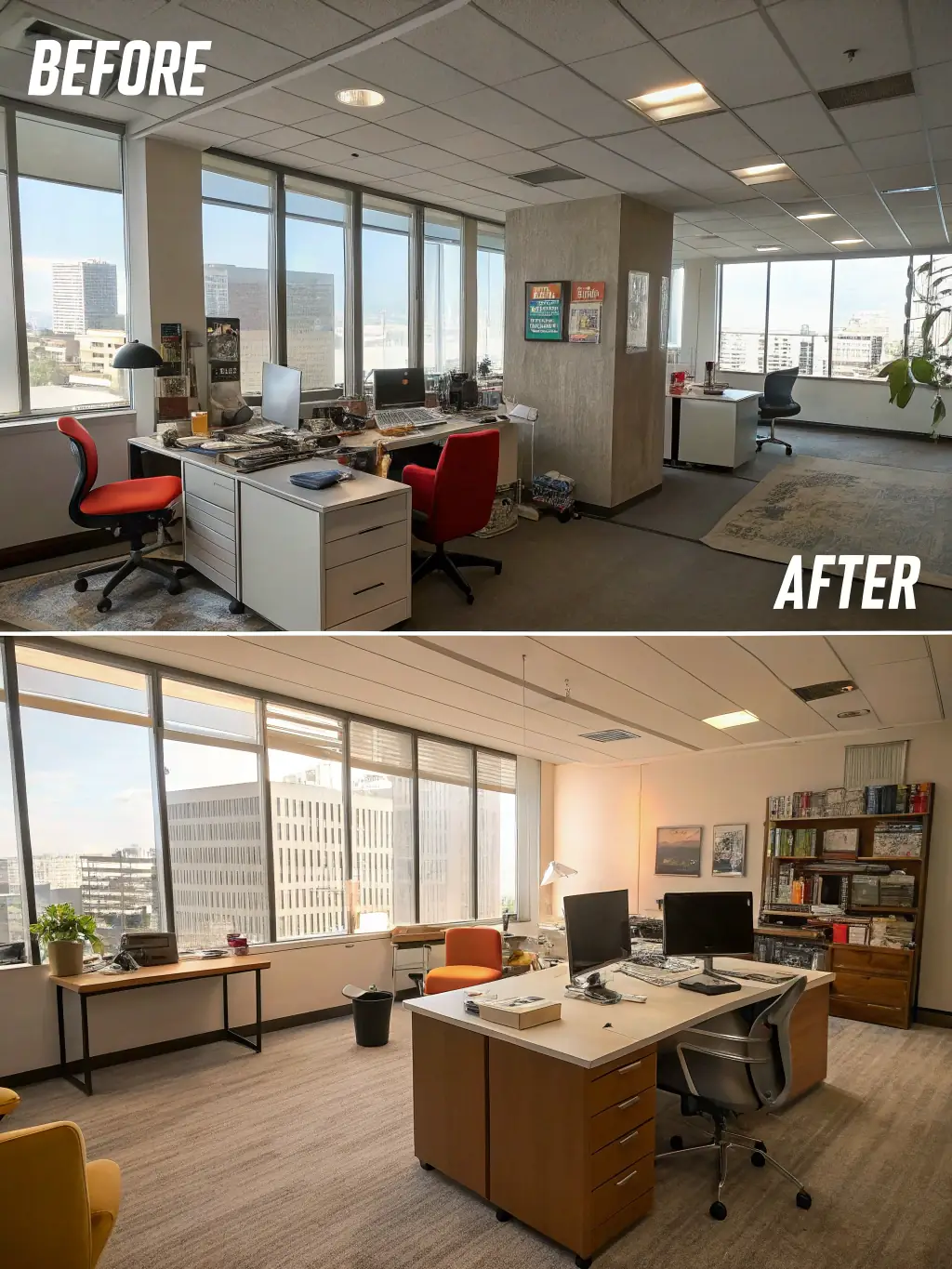 A before-and-after image showcasing a renovated office space, highlighting the dramatic transformation achieved by Bloom Touch Interiors L.L.C.